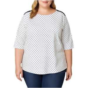 Croft & Barrow Top Womens XXL White Black Short Sleeve Polka Dot Crew Geometric